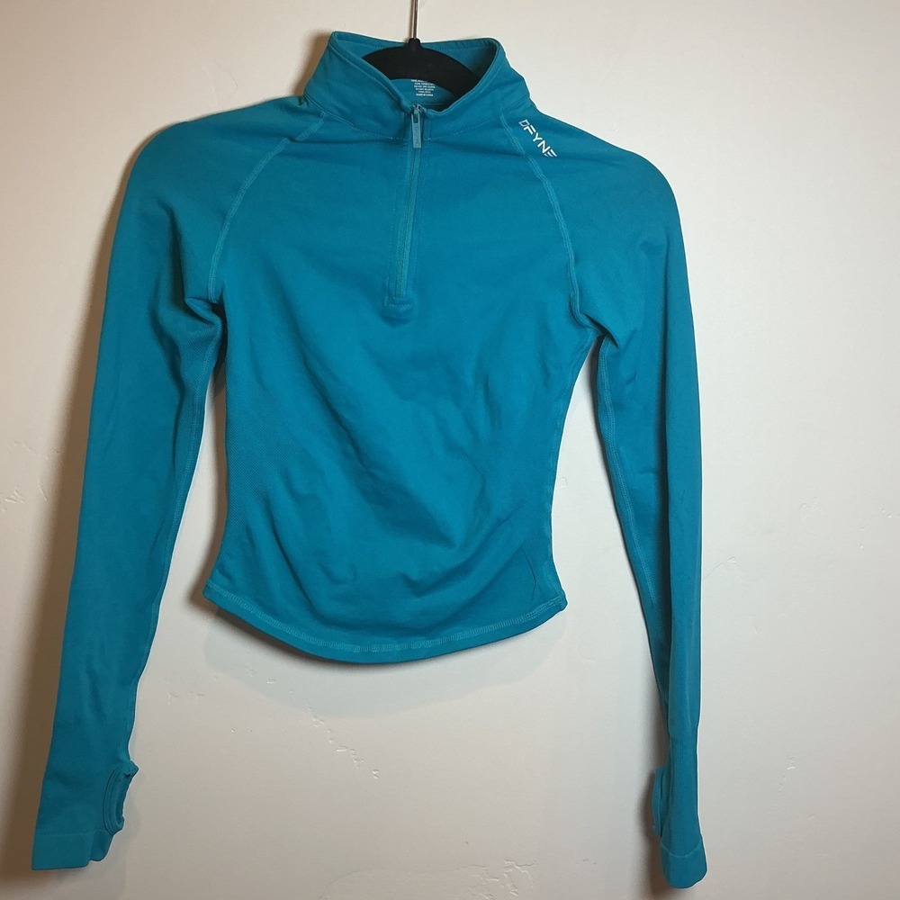 DFYNE Impact Half Zippy Teal Blue Quarter Zip Thumbhole Crop Top XS Activewear